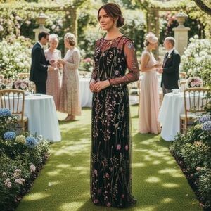 JJs House Black Dress with Floral Embroidery